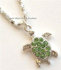 Silver Crystal Sea Life Turtle Necklace Green Pendant Nautical Plated USA - Picture 1 of 8