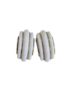 Vintage Monet Gold Tone and White Lucite Chunky Hoop Clip Earrings - Picture 1 of 8