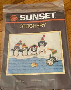 Sunset Stitchery Arctic Playmates No. 2560 - Penguins - 11X14" -Sealed Vintage - Picture 1 of 4