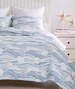 OCEAN WAVES BLUE 3pc King QUILT SET : COASTAL CORAL BEACH DOVER SHELL TROPICAL - Picture 1 of 4