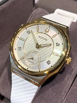 2024 Bulova Curv 98R237 Inset Diamonds - Gold Tone on White Rubber - New Unworn - Image 1 of 4