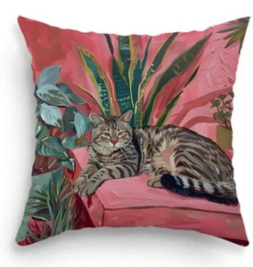 Pink & Green Watercolour CAT CUSHION COVER 45cm X 45cm Room Decor - Picture 1 of 2