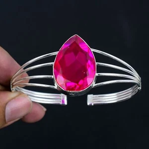 Brazalete ajustable de plata de ley 925 hecho a mano con piedras preciosas de rubillita rosa - Imagen 1 de 5