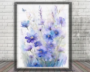 Blue Wildflowers Art Print Meadow Flowers Watercolor Painting, Blue Floral Decor - Picture 1 of 16