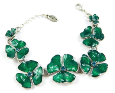 PILGRIM Silver Tone Green Enamel Flower Link Blue Rhinestone Bracelet 6-7.5" - Image 1 of 4