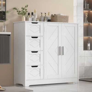 Wooden White Bathroom Storage Cabinet with 4 Drawers & Double Doors - Picture 1 of 8