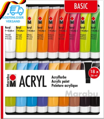 BESUCHE DEN MARABU-STORE Marabu 1210000000201 - Acrylfarben Set Basic, Mit 18 X 36 Ml Farbe, Auf Wasserba