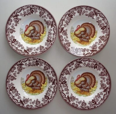 Spode Woodland Turkey Birds Soup Plate Bowl 9" Thanksgiving Fall Set of 4 NEW - Image 1 of 4
