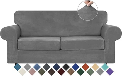 Juego de funda de sofá de terciopelo de 4 piezas para sofá de 3 cojines grande gris oscuro lavable Foto 1 de 4
