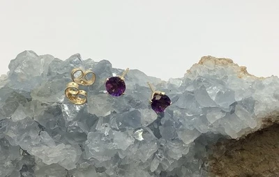 Marked Cursive ℒ 14K Yellow Gold 5mm Amethyst Post Stud Earrings - Image 1 of 4