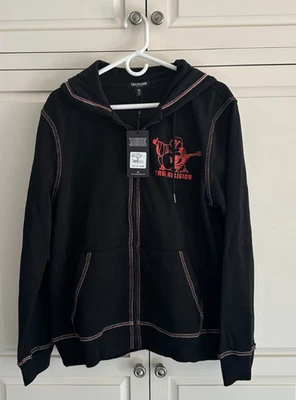 True Religion Embossed Triple Zip Hoodie Black Men's Size Medium NEW/tags $119 - Image 1 of 4