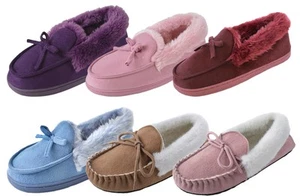 Womens Luxury Faux Fur Lined Moccasins Ladies Comfort Slippers Xmas Gift Size - Picture 1 of 13
