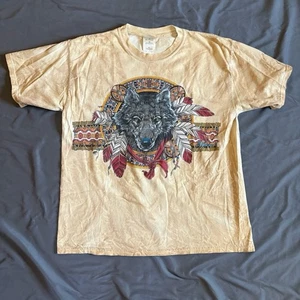 Vintage 90s Image West Native Wolf Beige T-Shirt Adult Size XL 23x25 Gildan - Bild 1 von 3