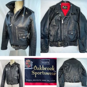 VTG 70S MENS 38 SEARS OAKBROOK BLACK LEATHER MOTORCYCLE D POCKET BIKER JACKET - Picture 1 of 19
