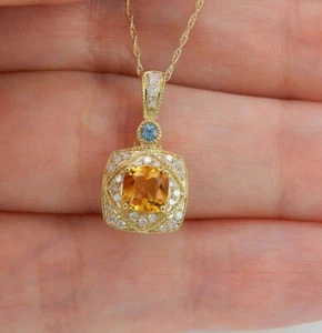 3Ct Cushion Cut Simulated Yellow Citrine Pendant Chain In 14k Yellow Gold Plated - Picture 1 of 5