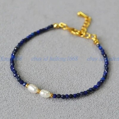 Echter Schmuck 3mm Blau Lapis Lazuli Runde Edelstein Weißer Perle Armband 19cm - Bild 1 von 2