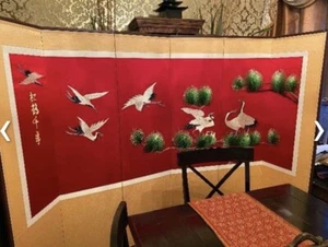 Raumteiler Paravent Trennwand Sichtschutz tragbar faltbar rot Seide/Bambus/Metall Vintage - Bild 1 von 11