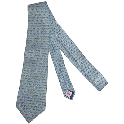 Sero Tie Men Green Fish New England Classic Outdoor 59”x 4” 100% Blue Silk - Image 1 of 4
