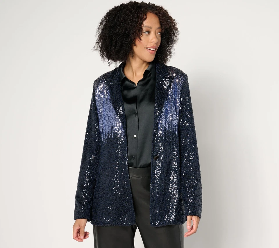 Dennis Basso Women's Jacket Sz 8 Sequin Blazer with Ombre Blk/Blue A672937 - Image 1 of 4