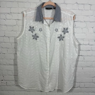 VTG Gingham Floral Embroidered Sleeveless Blouse  Women Plus 2X Cottagecore Top - Image 1 of 4