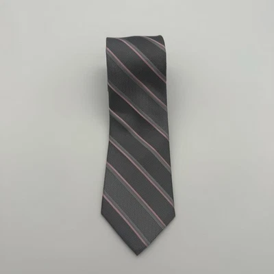 DKNY 100% Silk Tie Gray & Pink Diagonal Stripe Modern Classic Business - Image 1 of 4