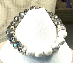 Fashion Bracelet Magnesite Stone Smoke Glass Rhinestone Stretch Lot 57A - Picture 1 of 3