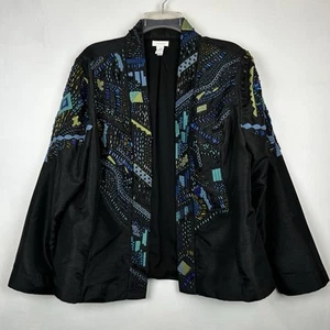 Chicos Blazer Womens L Jacket Open Front 2 Embroidered Beaded India Art to Wear - Picture 1 of 12