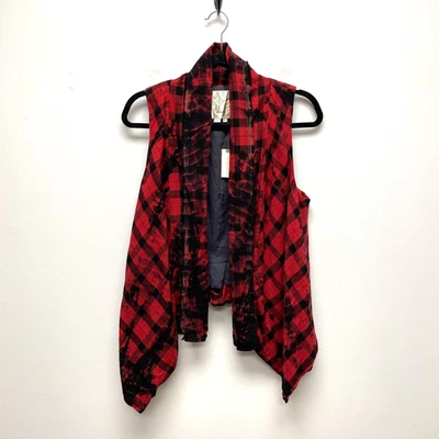 Elevenses Anthropologie Women Red Black Plaid Asymmetrical Hem Open Front Vest S - Image 1 of 4