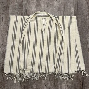 Free People Striped Poncho Wrap Cape Fringe Hem One Sz Cream Gray Boho Festival - Picture 1 of 9
