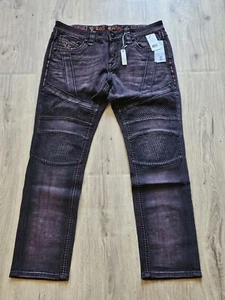 NEW W/TAGS ROCK REVIVAL SKYLARK BIKER SZ 36W×32L EMBROIDERED BURGUNDY JEANS  - Picture 1 of 17