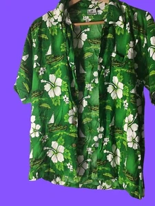 Hawaiian Floral Shirt Green Vintage Cool 😎 M Bora Bora Hawaii M Top Tahiti - Picture 1 of 10