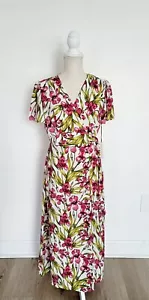 June & Hudson Pink Green Floral Wrap Dress Flutter Cottagecore Midi Maxi Long M - Picture 1 of 12