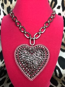 Luly Lu "Looking Glass" Vintage HUGE Lucite Heart Chrome Swarovski Necklace - Picture 1 of 8