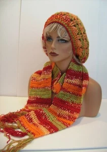 ORANGE GREEN MULTI HAT AND SCARF SET BERET CLOCHE BAGGY SLOUCHY TAM CROCHET - Picture 1 of 12