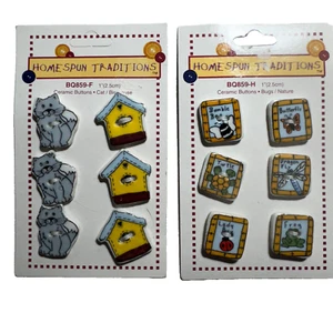 12x Homespun Traditions Vintage Ceramic Buttons Cat Butterfly Bug NEW NOS #3017 - Picture 1 of 2