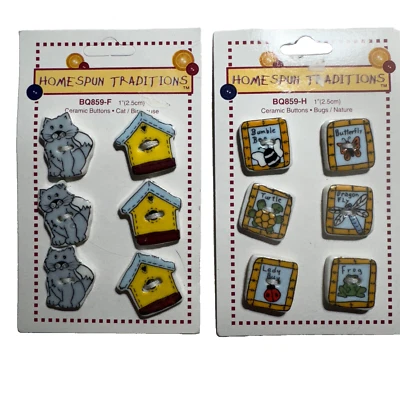 12x Homespun Traditions Vintage Ceramic Buttons Cat Butterfly Bug NEW NOS #3017 - Image 1 of 2