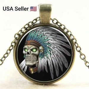 Hot Newest Style Round Indian Skull Glass pendant necklace vintage bronze art - Picture 1 of 5