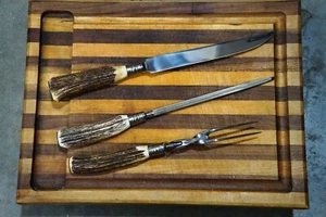 JPH CO STAG HANDLE STAINLESS STEEL MEAT CARVING KNIFE FORK SHARPENING STEEL SET! - Picture 1 of 6