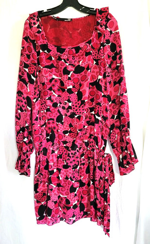 Y2K 2000s Love Moschino rosa seta lady bug mini abito vita bassa volant US 8