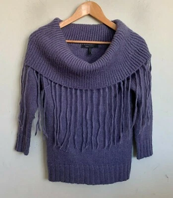 Suéter BCBG Maxazria Tejido Lavanda Capucha Cuello Flecos Pullover Manga 3/4 Talla S Foto 1 de 4