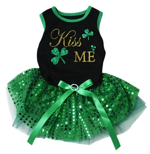 Kiss Me Clover Black Cotton Top Green Sequins Tutu Pet Dog Puppy Dress - Picture 1 of 1
