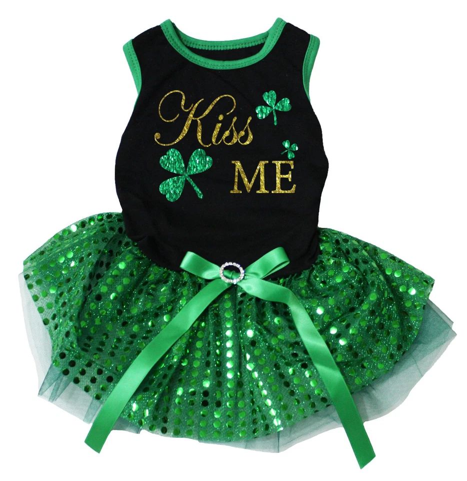 Kiss Me Clover Black Cotton Top Green Sequins Tutu Pet Dog Puppy Dress - Image 1 of 1