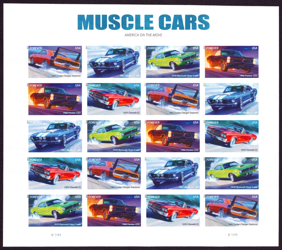 US # 4743-47b - (46¢) Muscle Cars Imperf Mint Pane of 20 Stamps - Image 1 of 1
