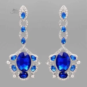 Long Elegant Royal Blue Crystal Chandelier Dangle Earrings Vintage Silver Tone - Picture 1 of 4