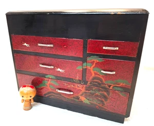 Antique Keyaki Wood HANDPAINTED Sewing Box Japanese Drawers C1920s #185 - Bild 1 von 14