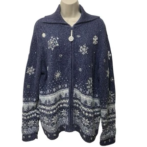 Tiara International Weihnachtspullover Strickjacke XL blau Fair Isle Schneeflocken Reißverschluss - Bild 1 von 11