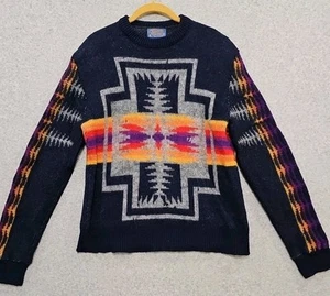 Vtg Pendleton Sweater 100% Wool Aztec Southwest Size M Mens Navy Colorful 70s - Picture 1 of 12