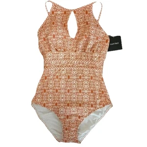 Ellen Tracy Orange Patterned Womens One Piece Halter Swimsuit - Size 14 - Picture 1 of 7