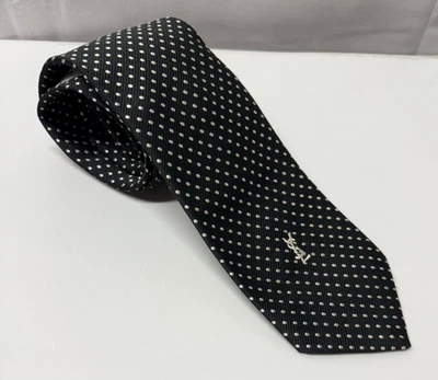 Corbata de seda vintage Yves Saint Laurent negro blanco lunares París Nueva York Foto 1 de 3