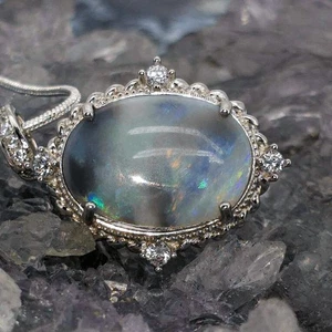 Zaryah Lightning Ridge Dark Picture Stone Opal 5.00ct S925 Silver Necklace - Foto 1 di 10